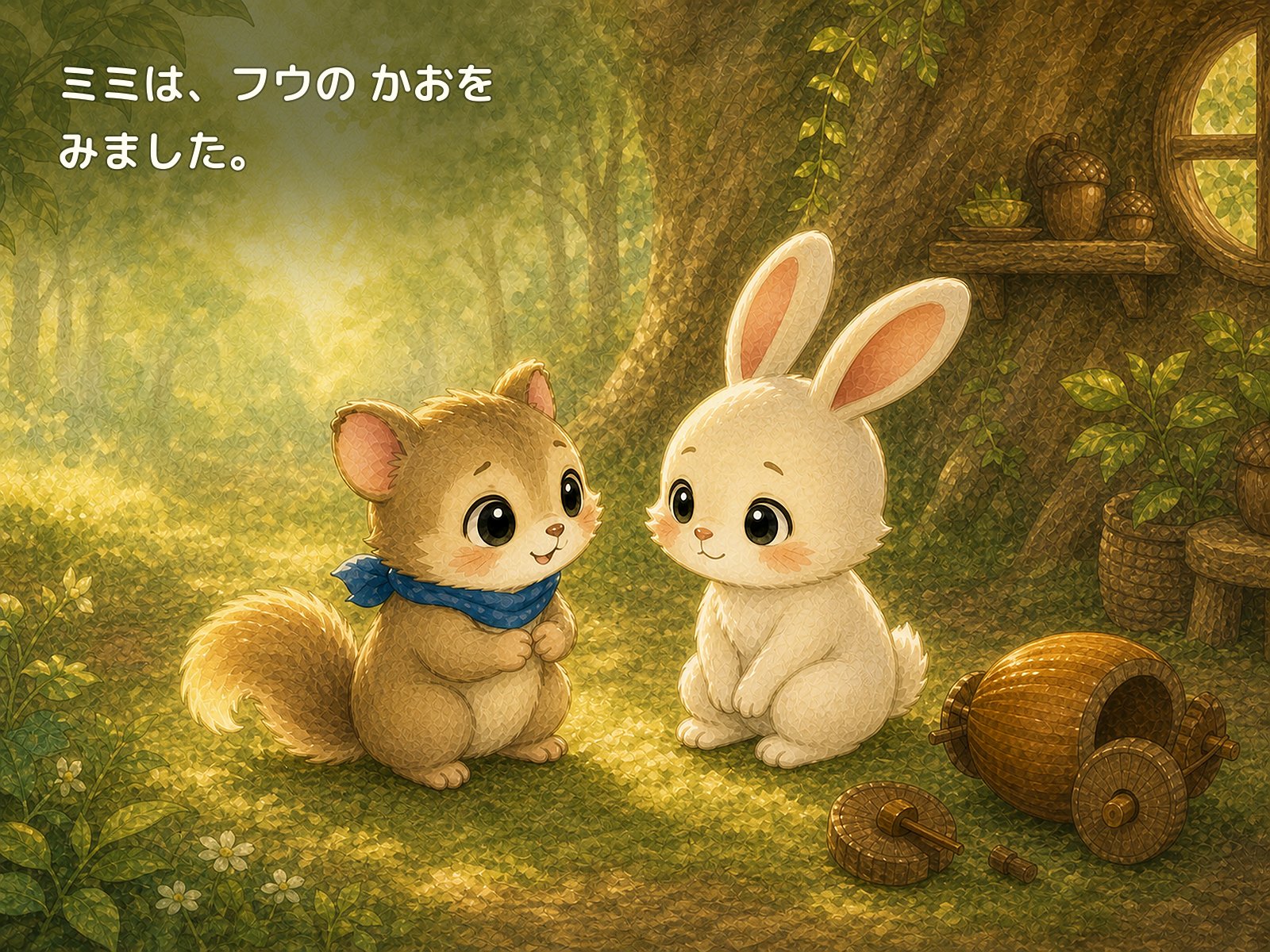 こわれたどんぐりのくるまのそばで向き合うフウとミミ