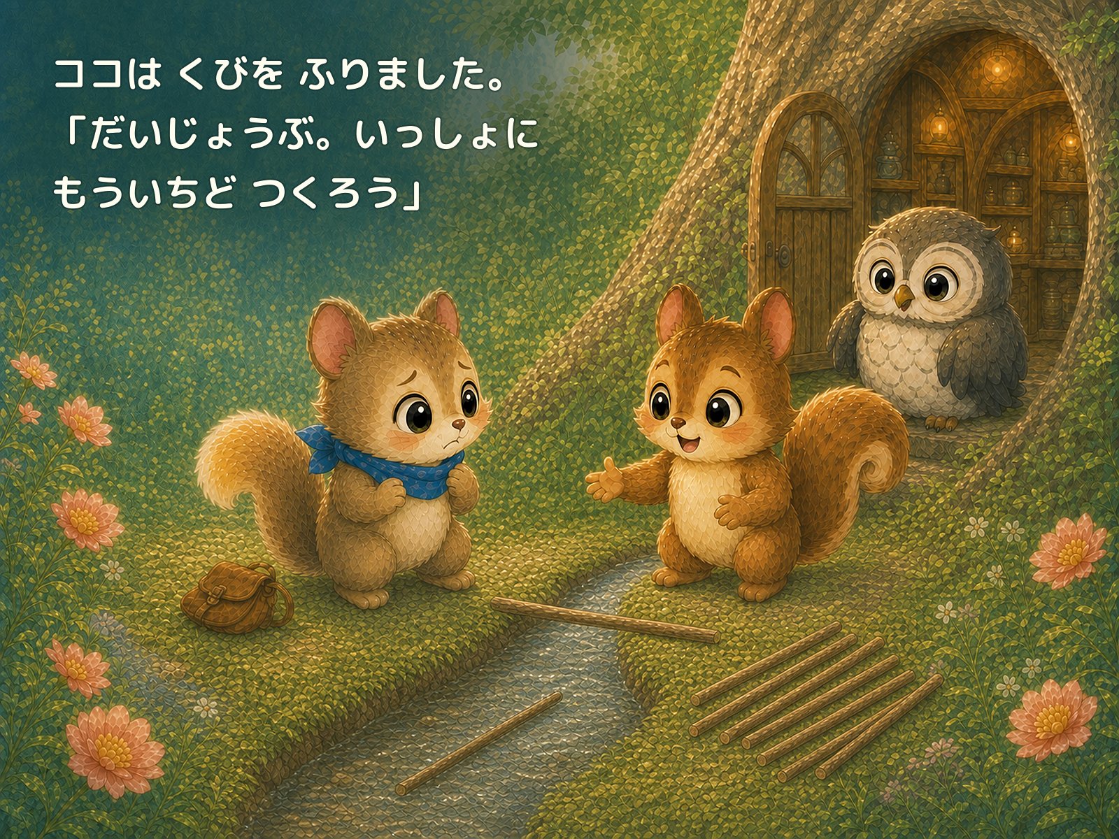 橋がくずれたあとフウを励ますココと見守るポポ先生